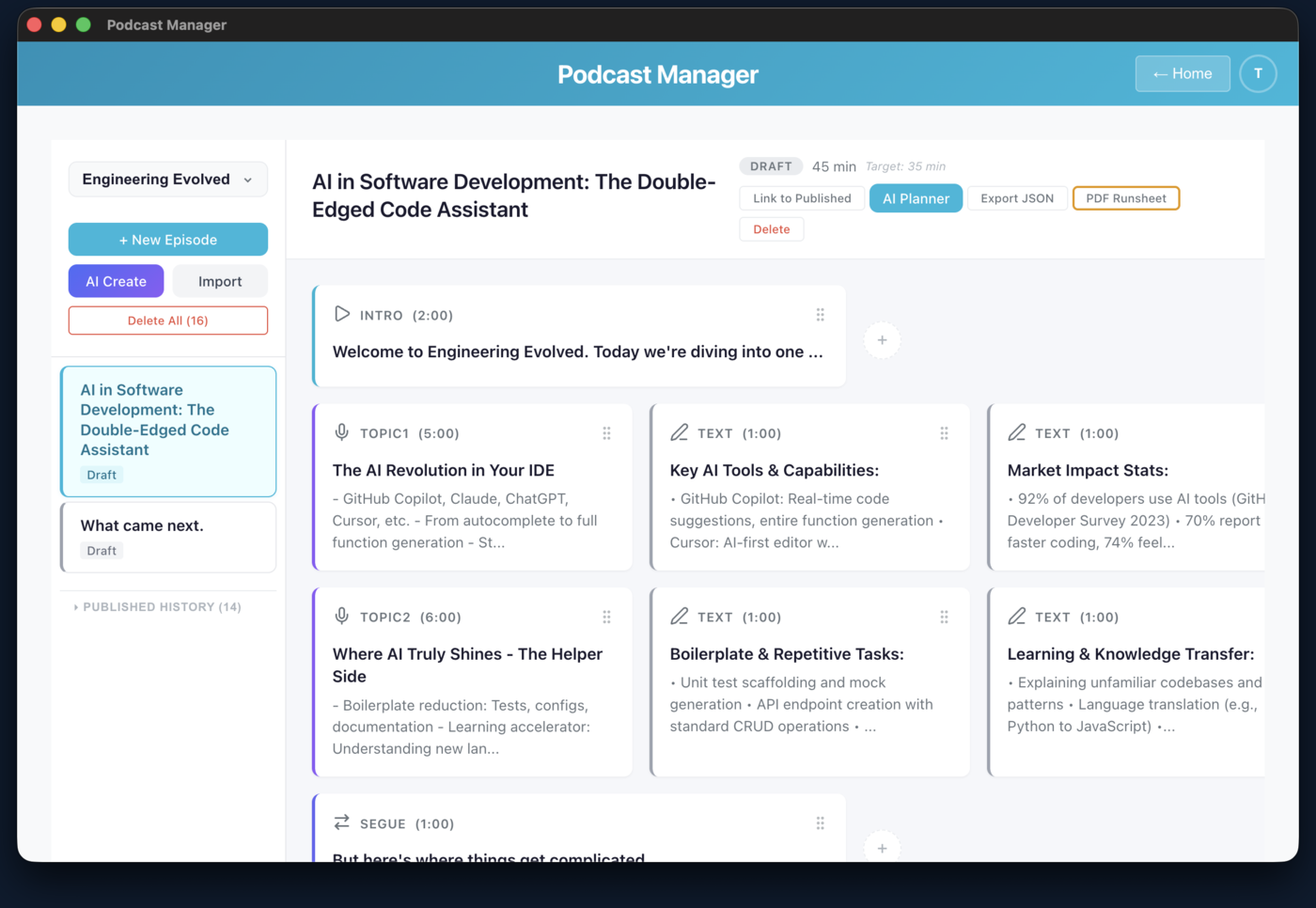 AI Episode Planner with card layout